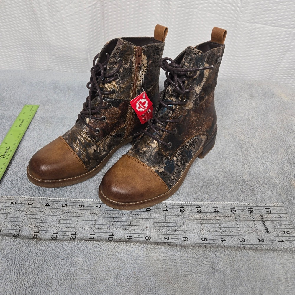 Rieker 94611-90 Brown Floral Lace Up Ankle Boots Faux Fur Lined Womens 38 NEW